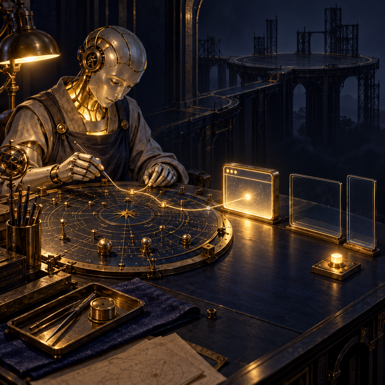 A worker connects a gold route to a glowing local instrument while the distant platform remains unfinished