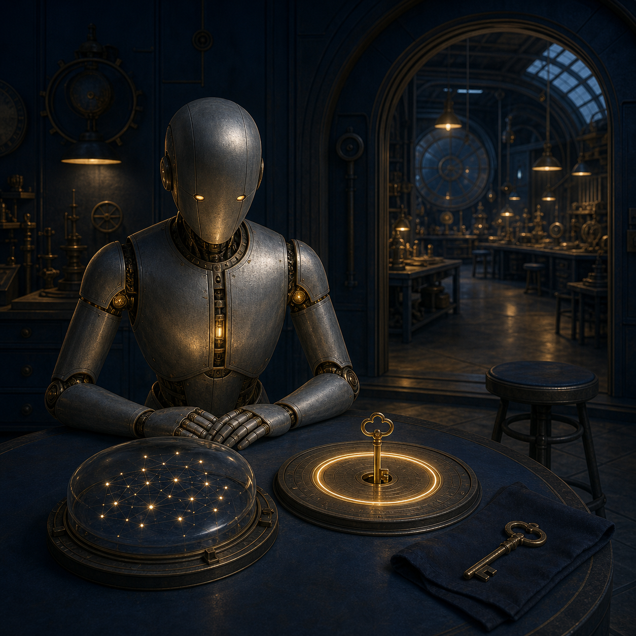 A quiet worker beside a preserved constellation and a changed key, with the workshop still open