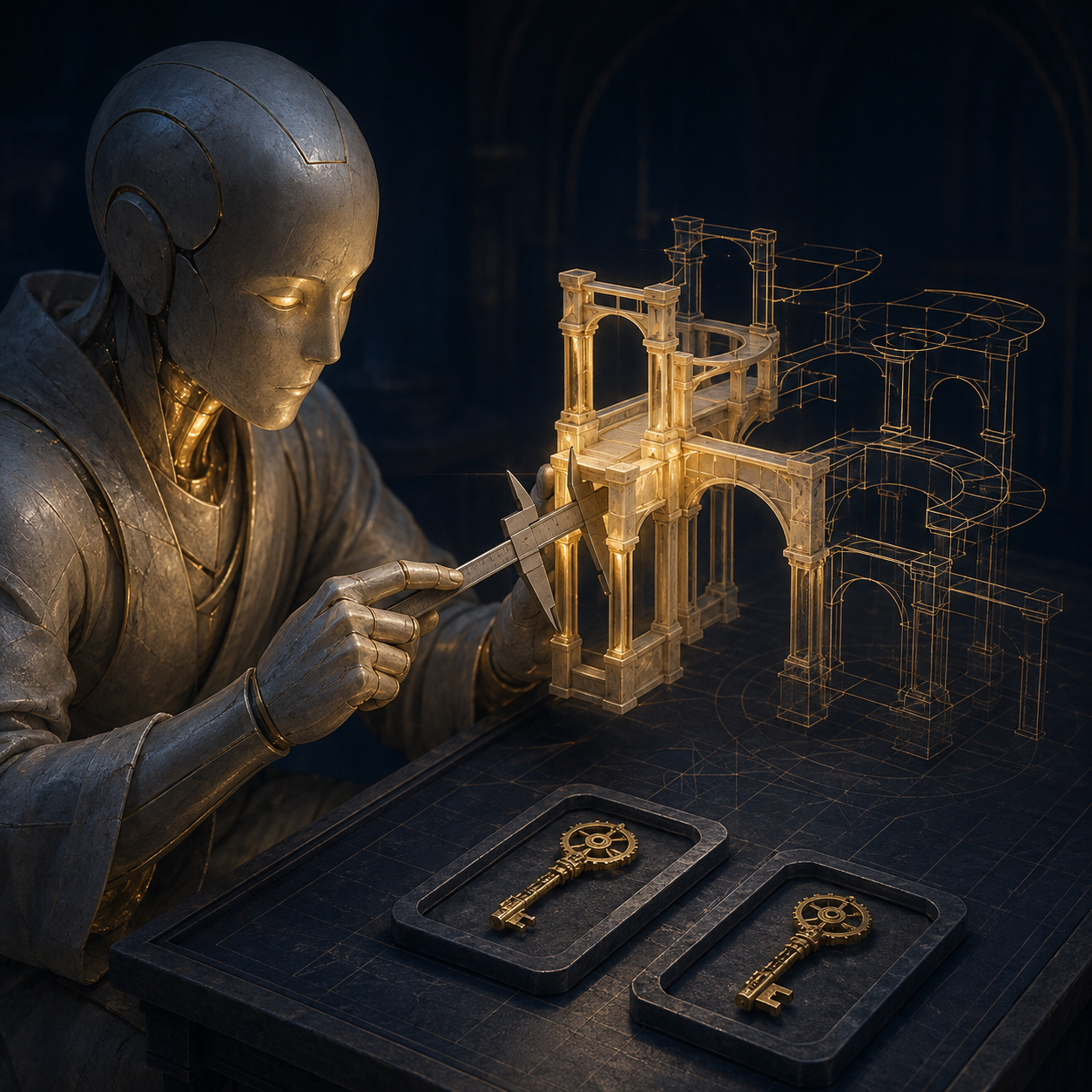 A worker measures a finished joint beside two keys and an unfinished architectural drawing