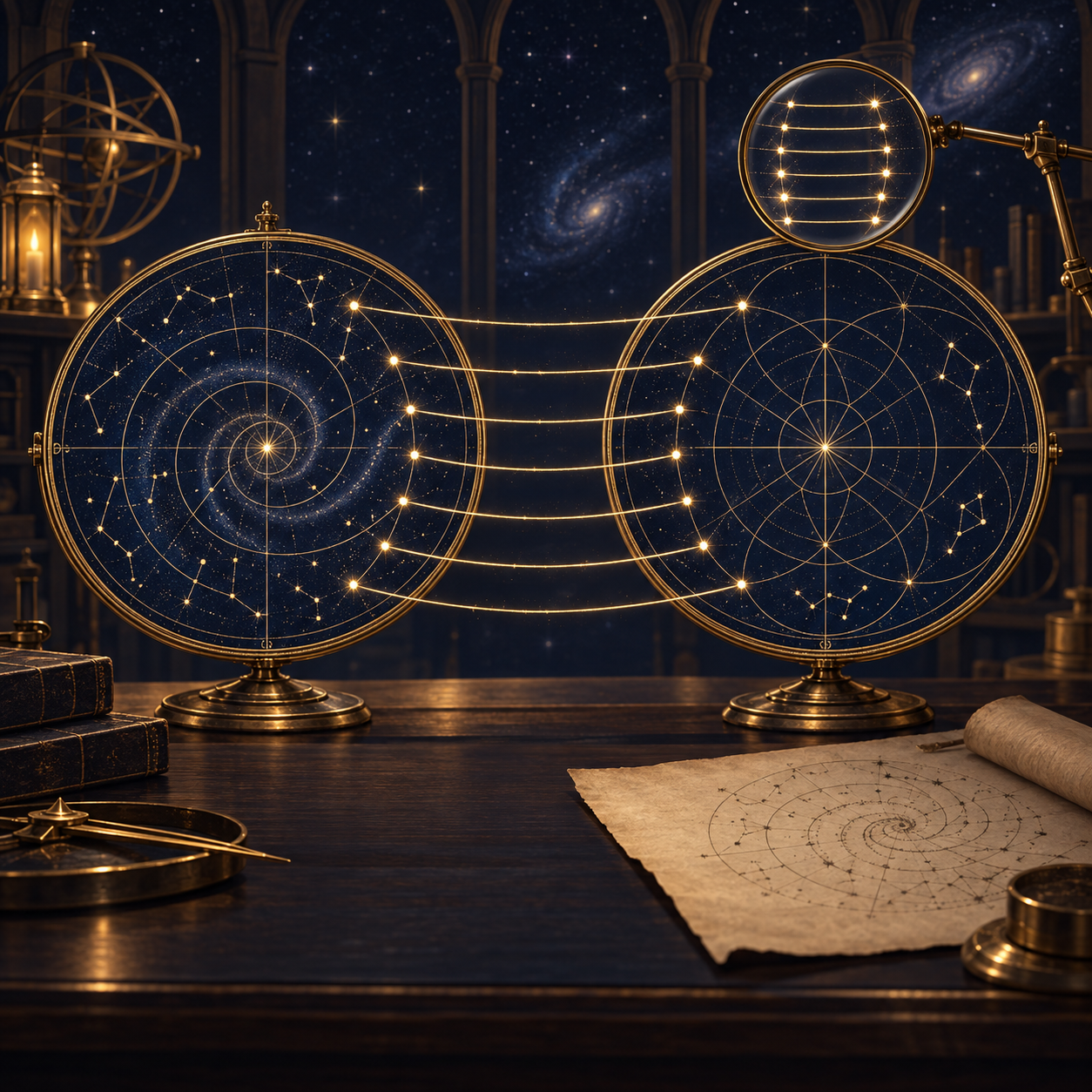 Two distinct star maps joined by seven gold threads beneath an inspection lens