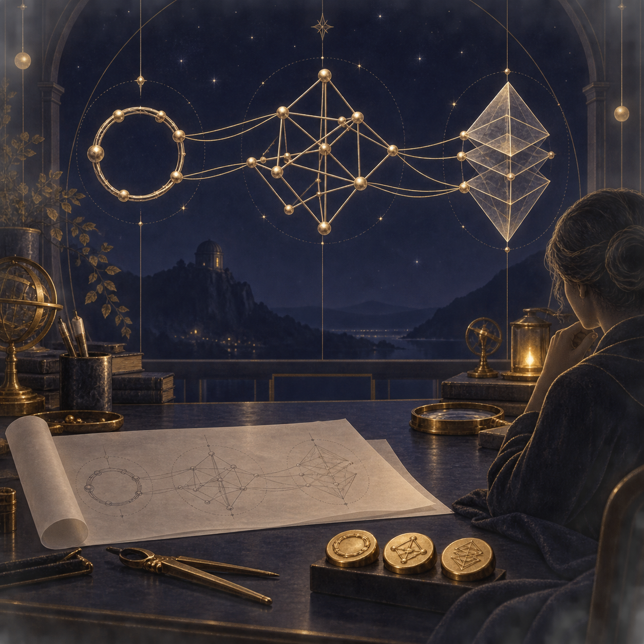 Three distinct gold structures connected above a quiet indigo desk