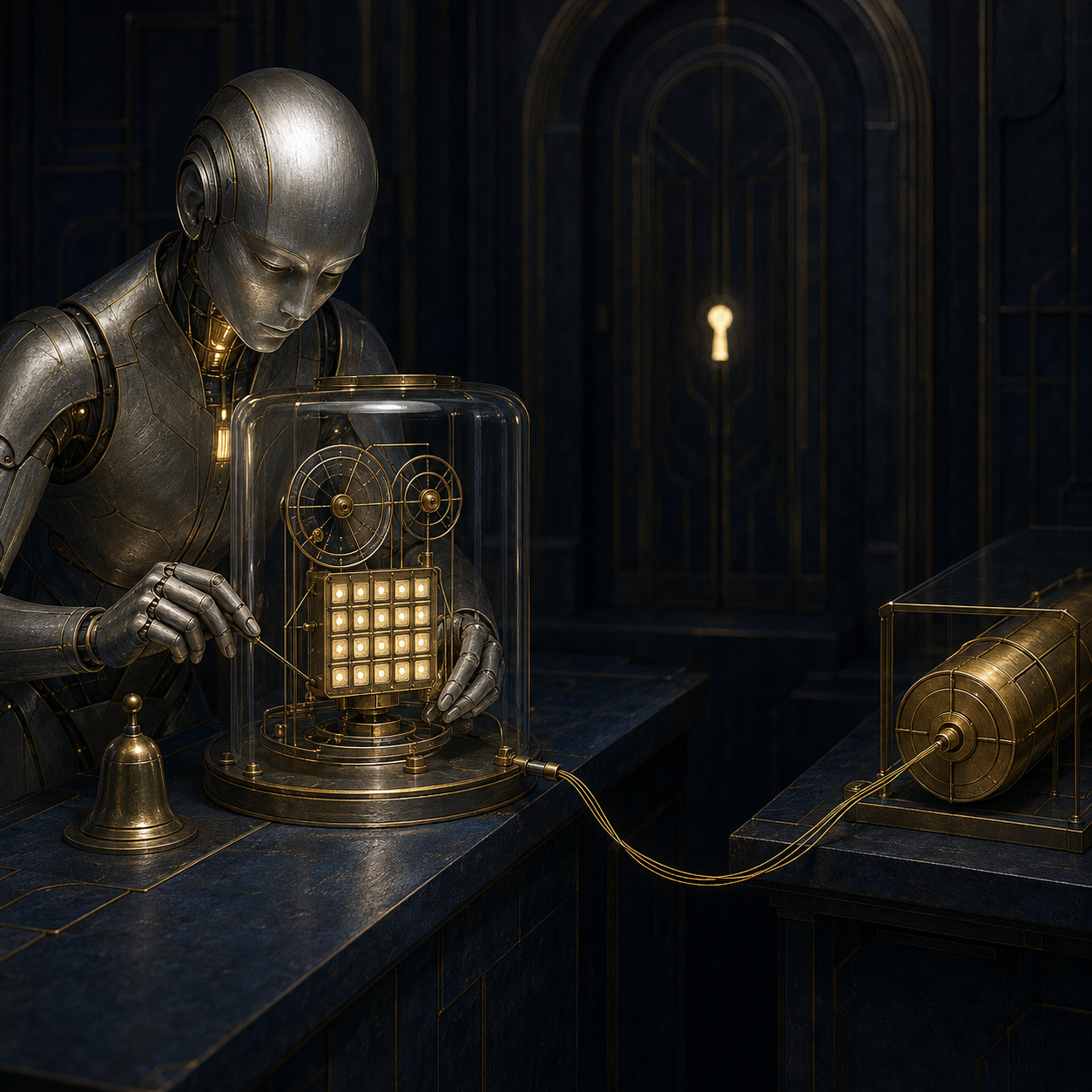 A worker reconstructing an instrument in an isolated chamber, beside a separate archive and an unstruck bell