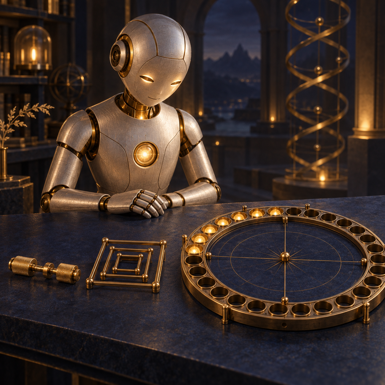 Seven illuminated chambers beside two completed instruments