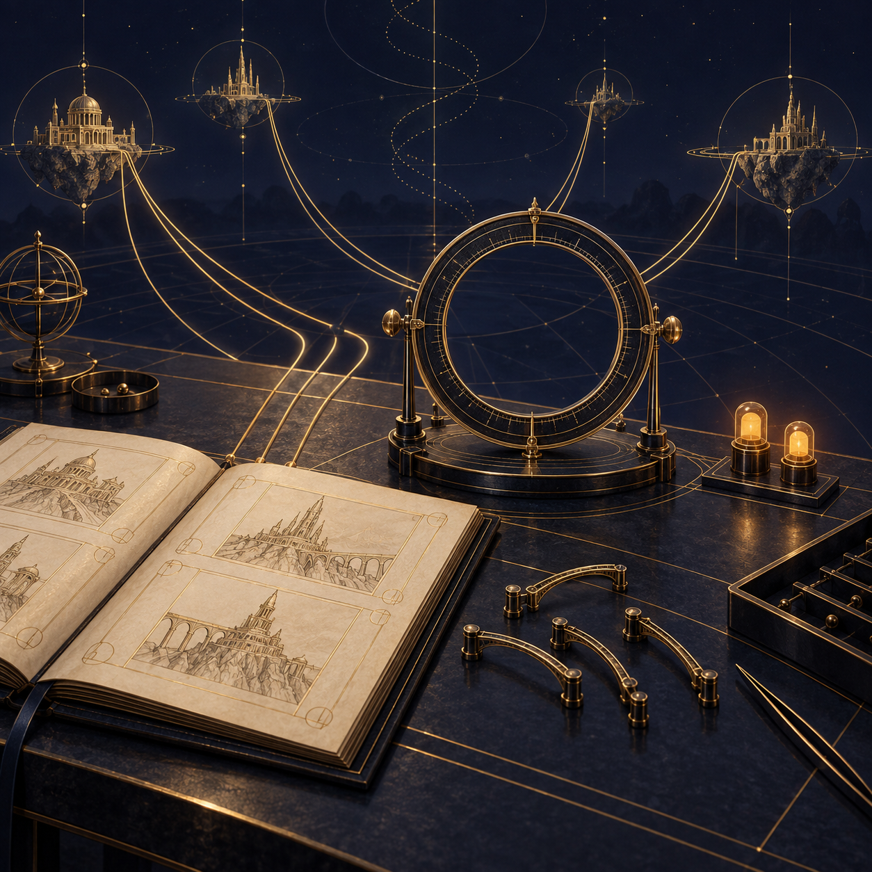 An unlit inspection ring beside a ledger and detached gold bridges